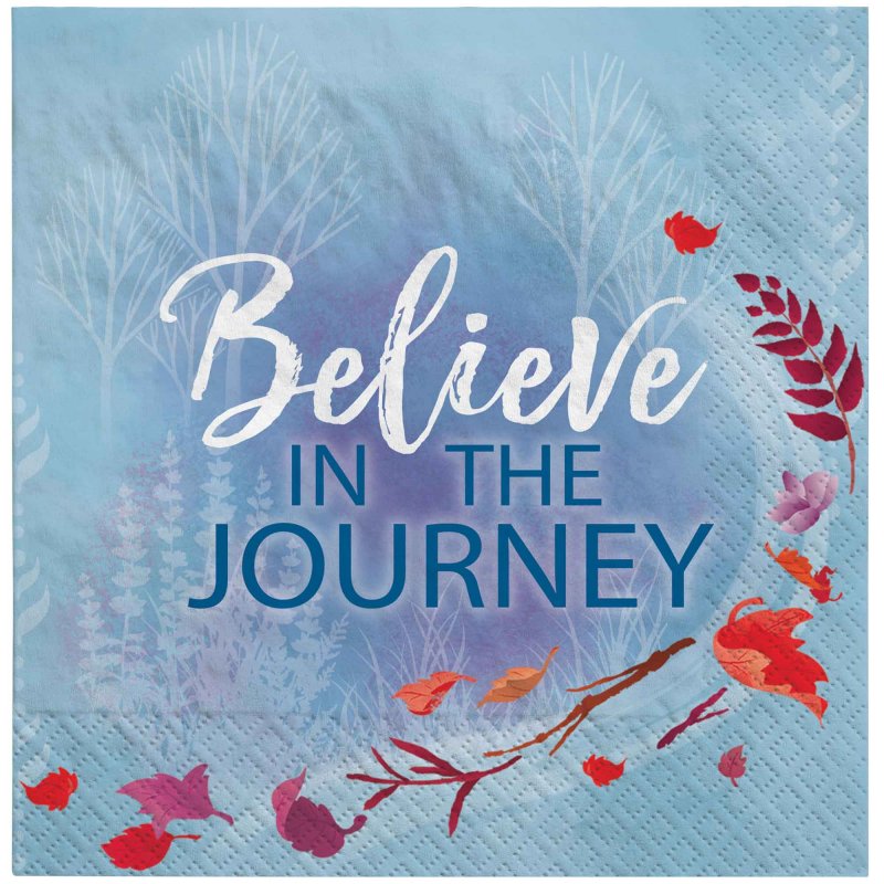 Colorful Frozen 2 beverage napkins featuring "Believe In The Journey" quote, ideal for themed parties and gatherings. Pack of 16.