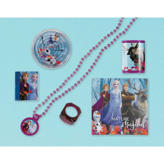 Colorful Frozen 2 Mega Mix Favors Value Pack with mini notebooks, stickers, puzzles, necklaces, prism viewers, and crystal rings.