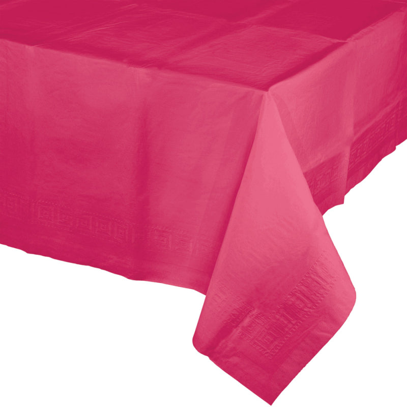 Hot magenta tablecover made of 2-ply tissue and waterproof plastic, perfect for events, measuring 137 x 274 cm.