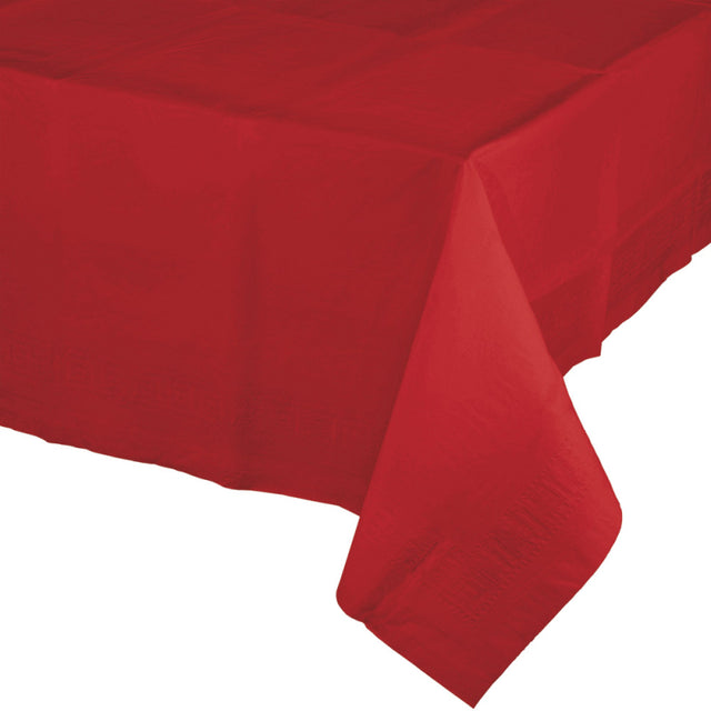 Classic red tablecover measuring 274cm, made of durable tissue and waterproof plastic, ideal for parties and celebrations.