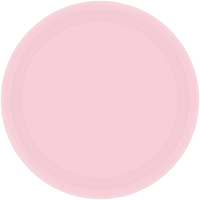 Blush pink 23cm round paper plates, pack of 20, ideal for elegant parties and gatherings with durable, eco-friendly design.