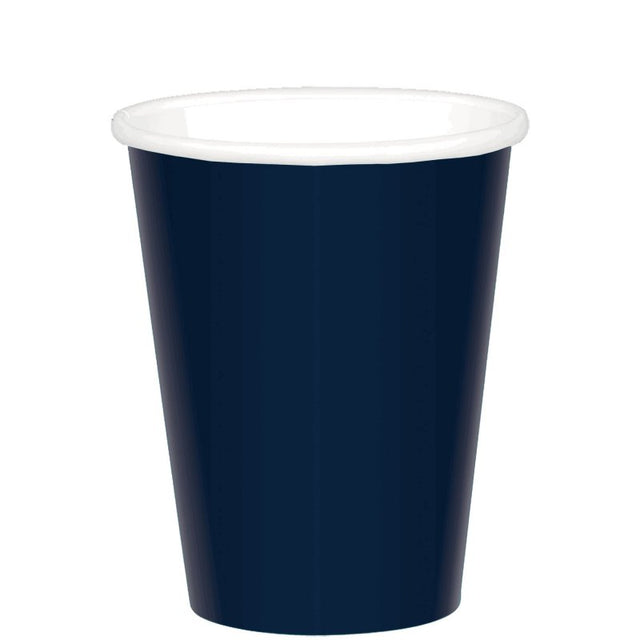 Navy paper cups pack of 20, 266ml, stylish and eco-friendly for serving drinks at any event.