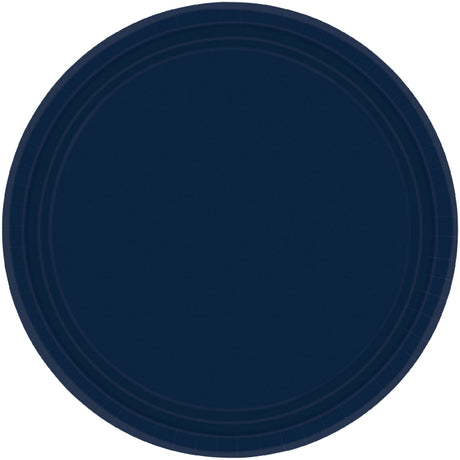 Navy paper plates, 17cm round, pack of 20, stylish and durable for events, picnics, and easy clean-up.