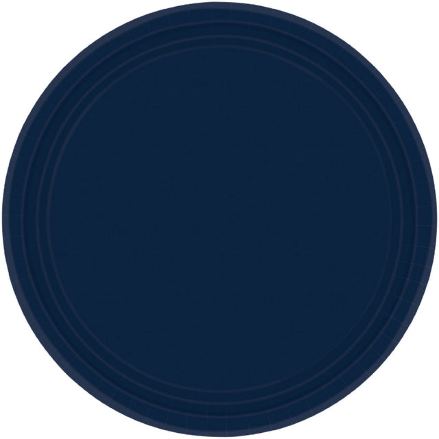 Navy paper plates, 17cm round, pack of 20, stylish and durable for events, picnics, and easy clean-up.