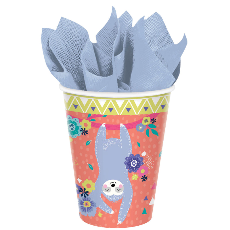 Pack of 8 biodegradable sloth design paper cups, perfect for serving hot or cold beverages at any party or celebration.