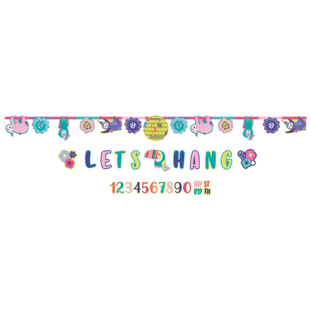 Sloth-themed birthday banner kit with customizable age numbers and vibrant designs for festive celebrations.