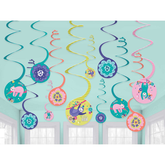 Colorful sloth spiral decorations (pack of 12) perfect for festive celebrations, adding whimsy to any event.