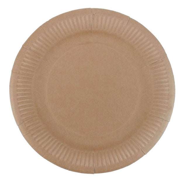 Eco-friendly 9-inch Kraft Paper Plates, pack of 12, perfect for sustainable indoor/outdoor dining and easy cleanup.