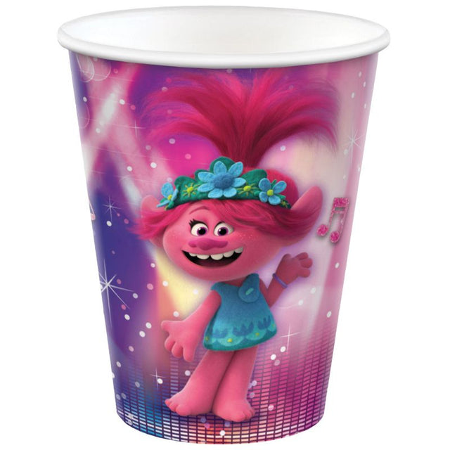 Colorful Trolls World Tour cups (pack of 8) perfect for kids' parties, serving juice or soda with vibrant character designs.