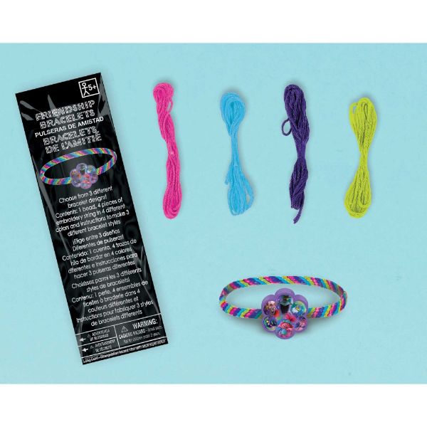 Colorful Trolls-themed friendship bracelet kit with 4 strings and instructions for creating 3 stylish designs.