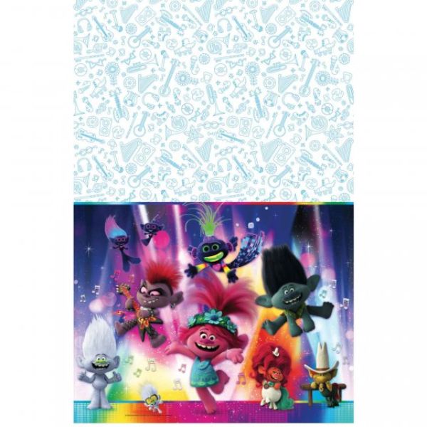 Colorful Trolls World Tour plastic tablecover, measuring 137cm x 243cm, perfect for lively birthday parties and gatherings.