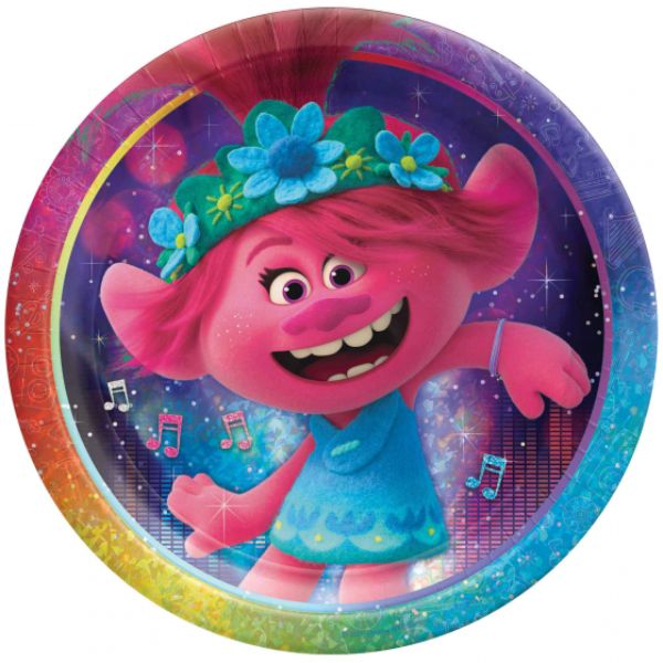 Colorful 9" prismatic plates featuring Trolls characters, perfect for birthday parties and celebrations, packaged in sets of 8.