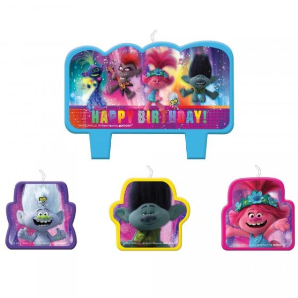 Colorful Trolls World Tour birthday candle set featuring 4 vibrant designs to enhance any birthday cake celebration.