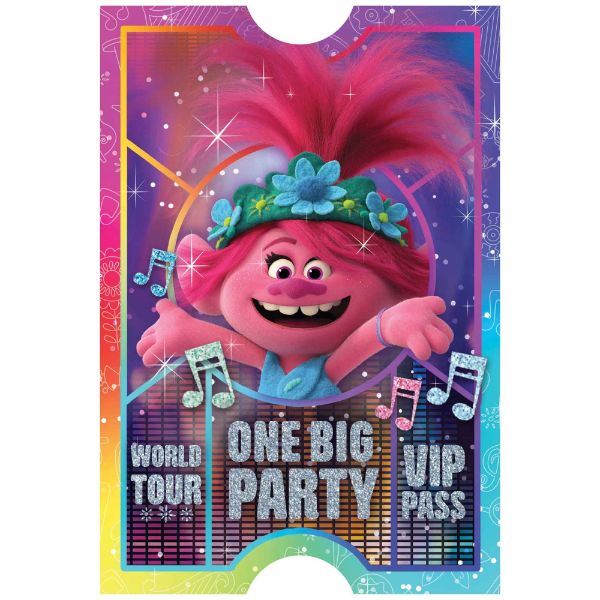 Colorful Trolls World Tour postcard invitations pack of 8, perfect for birthdays and themed celebrations.