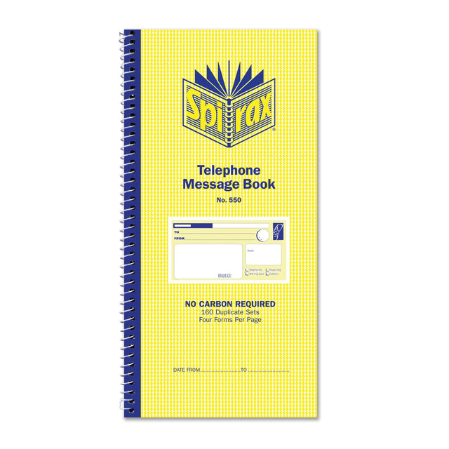 Spirax 550 Telephone Message Book 279x144mm with NCR paper, 160 duplicate sets, and spiral binding for efficient message recording.