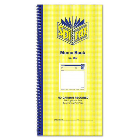 Spirax 551 Memo book with 80 duplicate sets and spiral binding, ideal for clear records without carbon transfer.