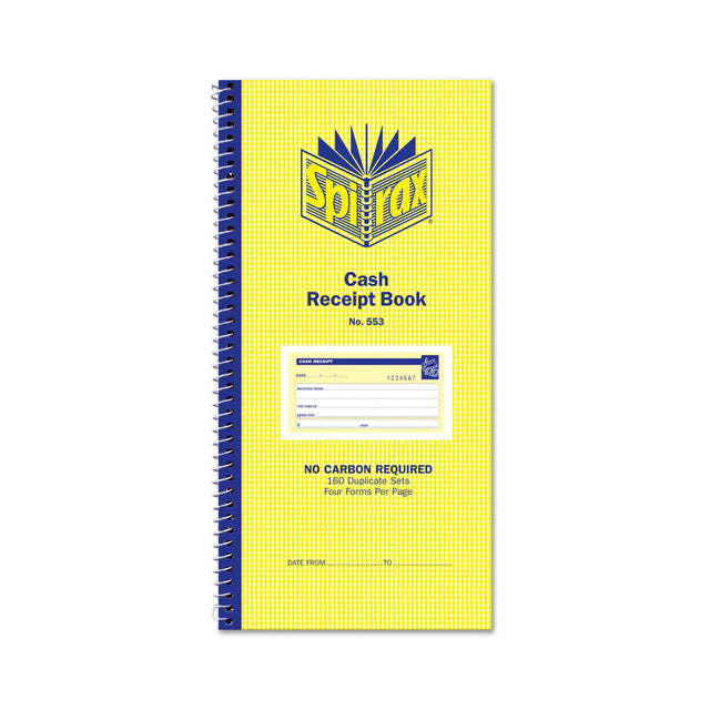 Spirax 553 Cash Receipt Book measuring 279x144mm with 80 duplicate sets and spiral binding for easy record-keeping.