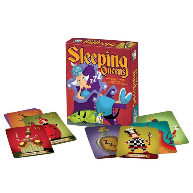 Colorful card game box of Sleeping Queens featuring whimsical illustrations of queens and playful characters for family fun.