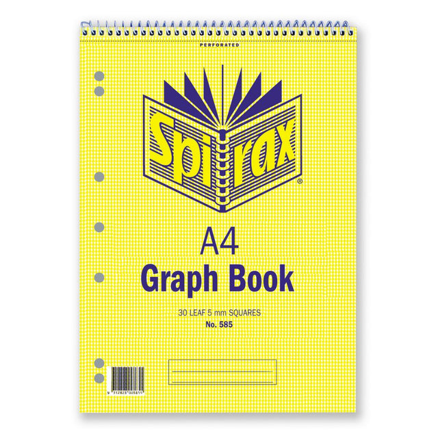 Spirax 585 Graph Book featuring a 5mm grid, A4 size, top-opening, 30 perforated leaves, ideal for precise note-taking.