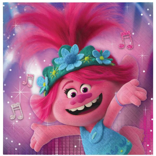 Trolls World Tour lunch napkins featuring vibrant characters, perfect for parties and themed gatherings, pack of 16.