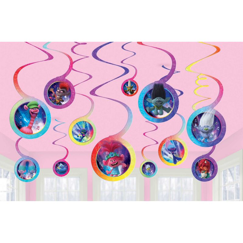 Colorful Trolls World Tour spiral hanging swirls, featuring beloved characters, perfect for vibrant party decor (Pack of 12).