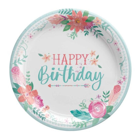 Colorful 9" paper plates with a whimsical birthday design, perfect for festive celebrations, eco-friendly and sturdy. Pack of 8.