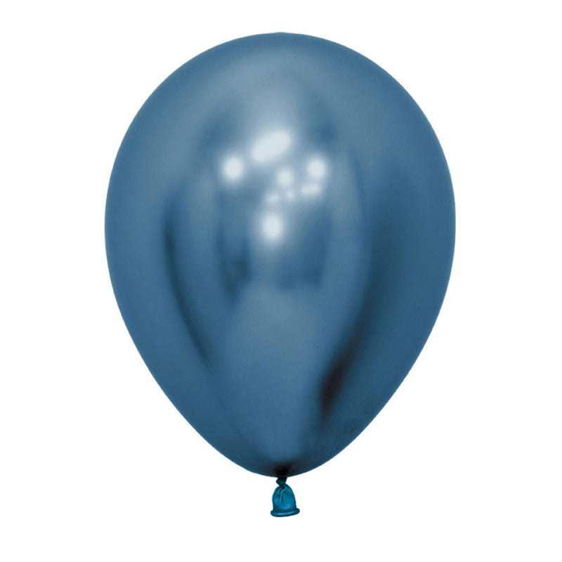 Pack of 50 Metallic Reflex Blue Latex Balloons for celebrations, featuring a vibrant hue and reflective finish for elegant decor.