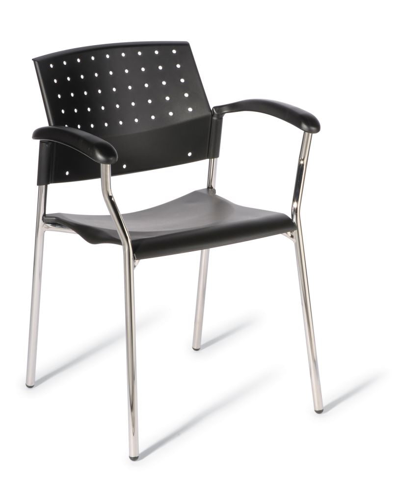 Black 552 Chair without upholstery featuring a sturdy design, ergonomic backrest, and stackable chrome frame for versatile use.