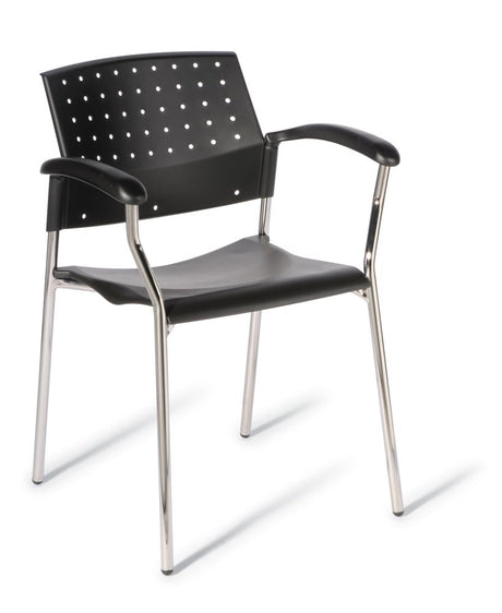 Black 552 Chair without upholstery featuring a sturdy design, ergonomic backrest, and stackable chrome frame for versatile use.
