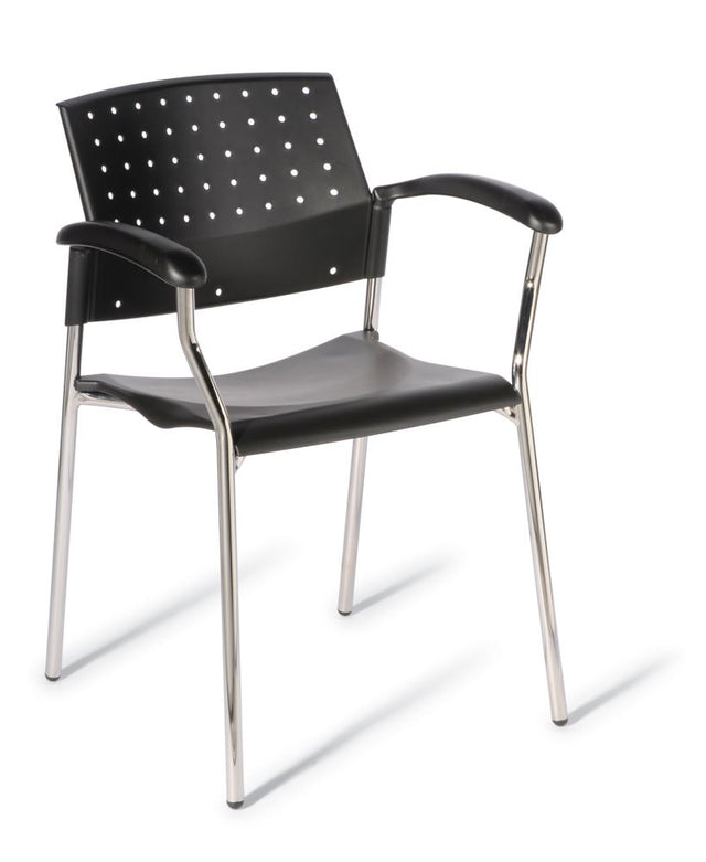 Black 552 Chair without upholstery featuring a sturdy design, ergonomic backrest, and stackable chrome frame for versatile use.