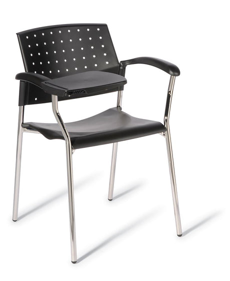 Sturdy black chair with right arm writing tablet, offering lumbar support and stackable design for meetings and classrooms.