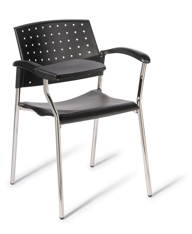 Sturdy black chair with right arm writing tablet, offering lumbar support and stackable design for meetings and classrooms.