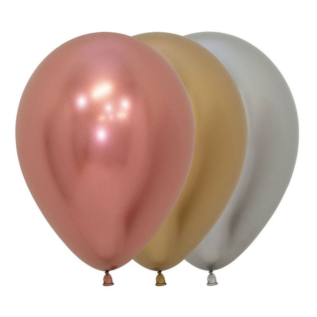 Pack of 50 Sempertex 30cm metallic balloons in gold, silver, and rose gold, perfect for elegant celebrations and decorations.