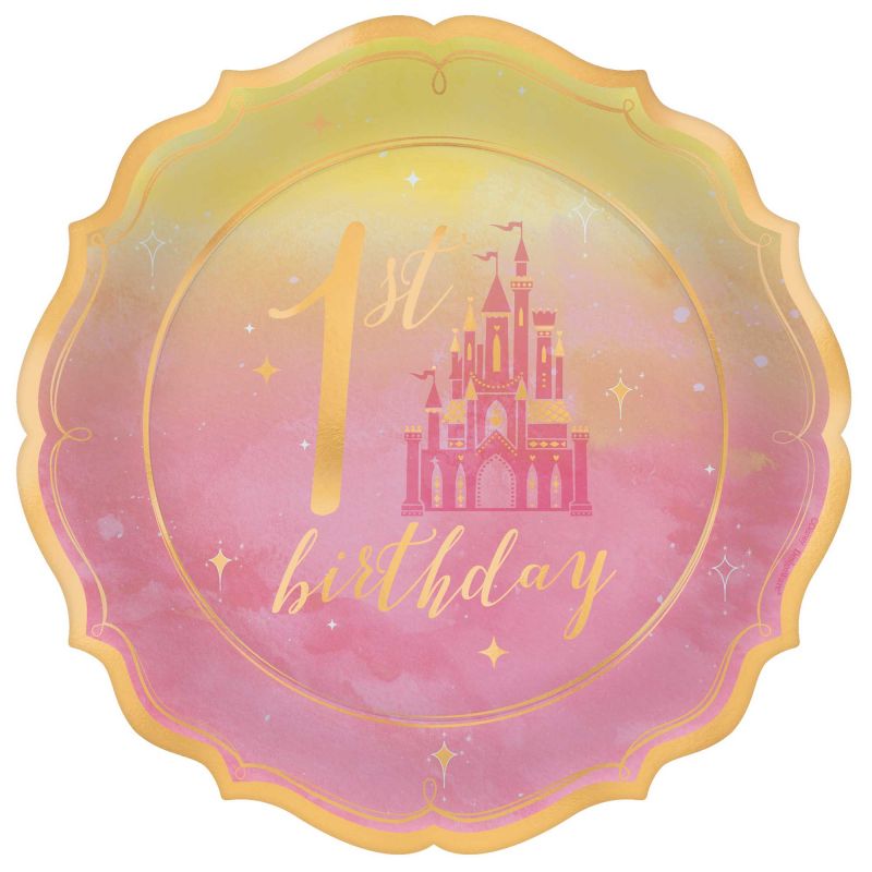 Disney Princess 1st Birthday metallic plates pack of 8, featuring vibrant designs perfect for celebrating your little one's special day.