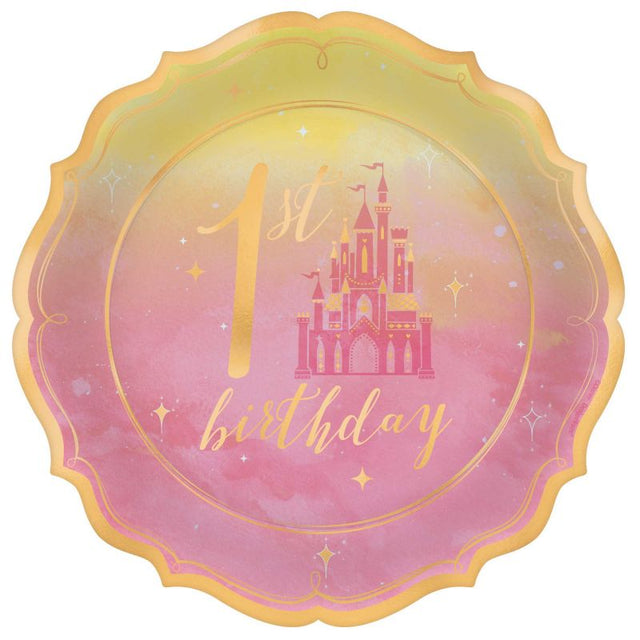 Disney Princess 1st Birthday metallic plates pack of 8, featuring vibrant designs perfect for celebrating your little one's special day.