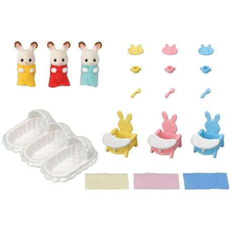 Adorable Chocolate Rabbit triplets with colorful outfits and baby care furniture set for imaginative play and nurturing fun.