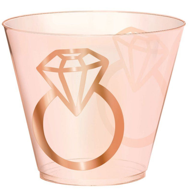 Blush plastic tumblers with diamond hot stamp, perfect for elegant wedding celebrations, pack of 30, 9 oz each.