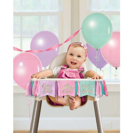 Disney Princess high chair decorating kit featuring vibrant banners and luxurious ribbons for magical birthday celebrations.