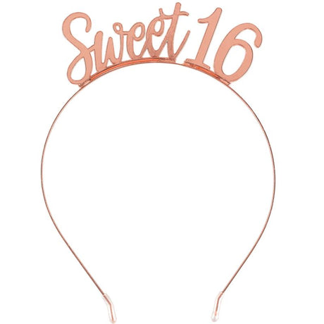 Elegant blush metal headband for Sweet 16 celebrations, blending style and comfort for an unforgettable look.