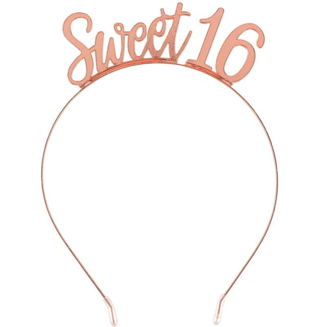 Elegant blush metal headband for Sweet 16 celebrations, blending style and comfort for an unforgettable look.