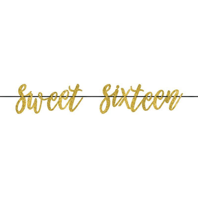 Blush and gold glittered ribbon banner reading "Sweet Sixteen," perfect for celebrating a birthday in style.