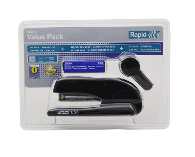 Purple Rapid E26 Stapler in funky clamshell design, staples up to 26 sheets, compatible with 24/6 and 26/6 staples.