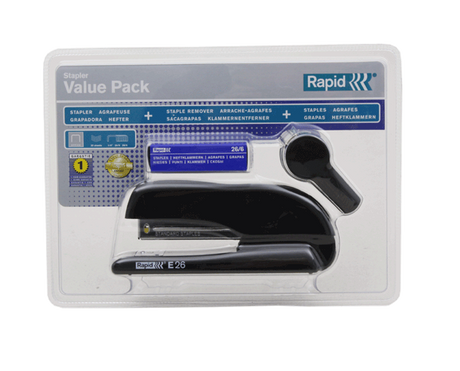 Purple Rapid E26 Stapler in funky clamshell design, staples up to 26 sheets, compatible with 24/6 and 26/6 staples.