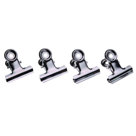 ESSELTE Bulldog clips in chrome, 31mm, robust grip, labeling crevice, and hole for hanging; box of 144 for versatile organization.