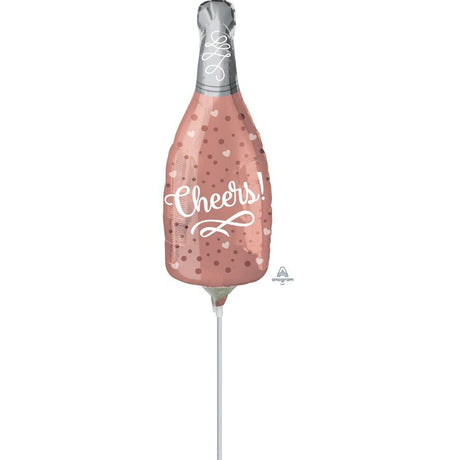 Mini foil balloon shaped like a rose champagne bottle, perfect for celebrating parties and special occasions.