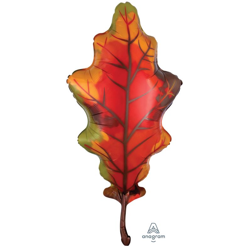 Vibrant SuperShape Autumn Oak Leaf foil balloon, 50cm x 106cm, perfect for fall decor and celebrations.