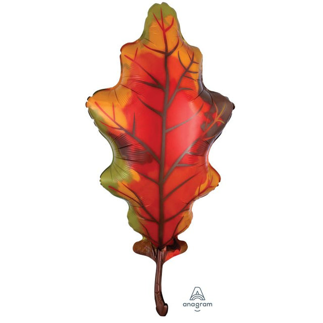 Vibrant SuperShape Autumn Oak Leaf foil balloon, 50cm x 106cm, perfect for fall decor and celebrations.