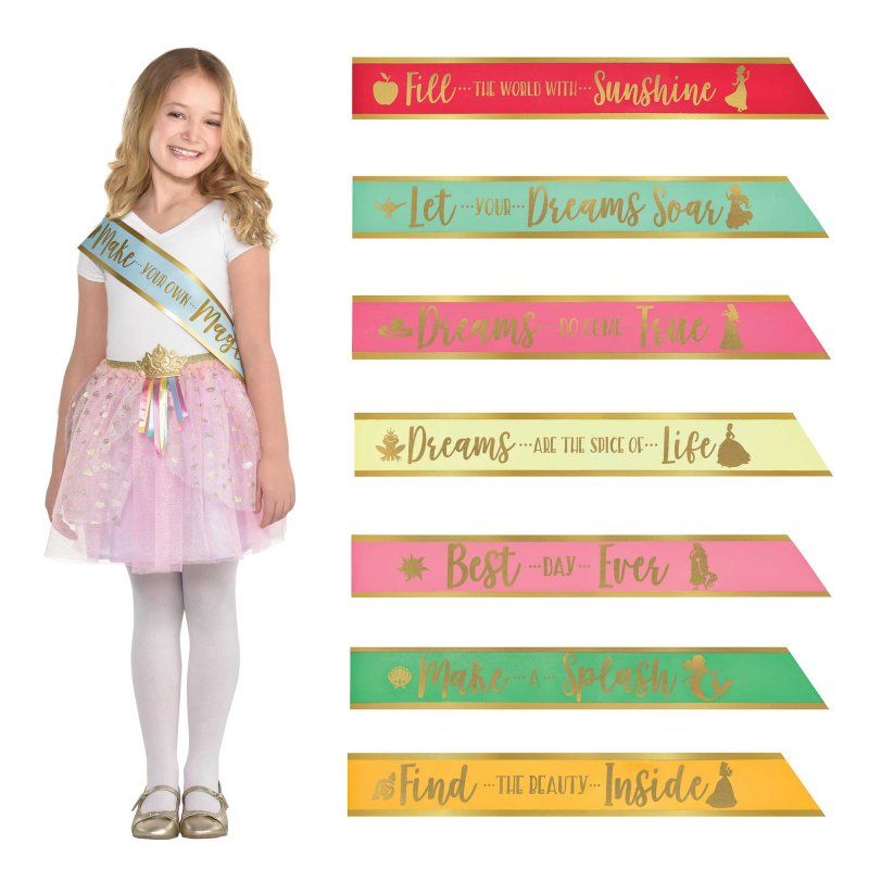 Set of 8 Disney Princess sashes featuring iconic designs, perfect for parties and dress-up play for ages 3 and up.