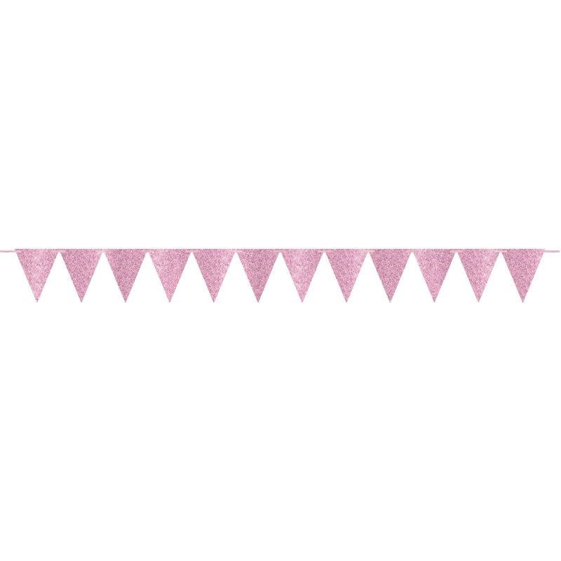 Large glittered light pink pennant banner measuring 6.09m, ideal for parties and celebrations, reusable and easy to hang.