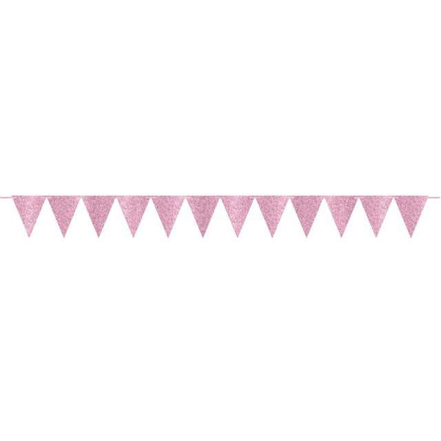 Large glittered light pink pennant banner measuring 6.09m, ideal for parties and celebrations, reusable and easy to hang.